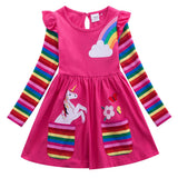 Unicorn Flowers Appliqu¡§| Rainbow Long Sleeve Dress