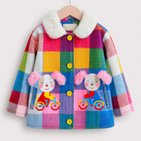 Lucky Sale-Children's plaid coat featuring a puppy with pink ears riding a bicycle.