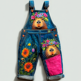 Lucky Sale-Children's colorful overalls with a capybara and flower wreath design.