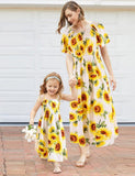 2Pcs Family Matching Sunflower Short Sleeves Midi Dress Sets - CCMOM