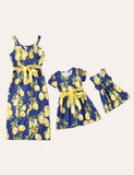 3Pcs Family Matching Lemon Floral Bow Print Belted Slip Dress - CCMOM