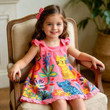 Lucky Sale-Children's Pink Cartoon Dress with Bow, Flowers, and Cat Design