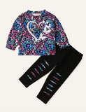 Girls' Leopard-Print Love Long-Sleeved Sweater Casual Pants Suit