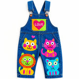 Lucky Sale-Children's colorful cartoon overalls featuring hearts and four colorful cats