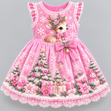 Lucky Sale-Pink Reindeer Bow Gift Dress for Children's Christmas