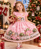 Lucky Sale-Children's pink kitten and puppy driving in the garden pattern dress