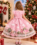 Lucky Sale-Children's pink kitten and puppy driving in the garden pattern dress