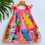 Lucky Sale-Children's Pink Cartoon Dress with Bow, Flowers, and Cat Design