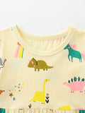 Children's Cream-Colored Dress with Dinosaur and Rainbow Print