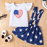Independence Day Girls' Heart-Shaped Flag Print Flutter Sleeve Top and Suspender Skirt Two-Piece Set