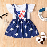 Independence Day Girls' Heart-Shaped Flag Print Flutter Sleeve Top and Suspender Skirt Two-Piece Set