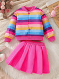 Colorful striped print stand collar long sleeve jacket + pleated skirt casual suit
