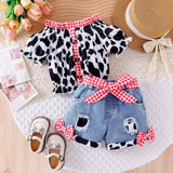 Cow Color Matching Top + Bow Ripped Jeans