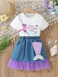 Mermaid T-shirt + Mesh Stitching Denim Skirt + Bag