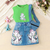 Unicorn Printed Vest + Denim Skirt + Bag