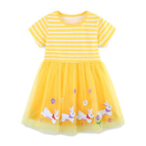 Rabbit embroidered tulle princess dress with striped patchwork short-sleeved design