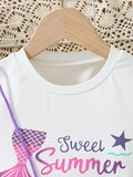Mermaid T-shirt + Mesh Stitching Denim Skirt + Bag