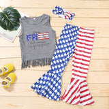 Tassel vest, Independence Day print flared pants, bow three-piece set