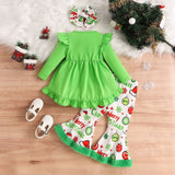 Christmas Long Sleeve Love Top Printed Plush Bell-Bottom Pants Hair Band Set