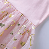 Girls Sleeveless Love Sequin Embroidered Mesh Patchwork Cotton Dress