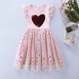 Girls Sleeveless Love Sequin Embroidered Mesh Patchwork Cotton Dress