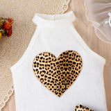 Leopard Print Heart Printing Vest Bow Lace Cake Dress Suit