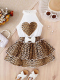 Leopard Print Heart Printing Vest Bow Lace Cake Dress Suit
