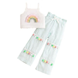 Girls' Rainbow Embroidered Strap Top + Trousers Suit