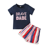 Independence Day letter short-sleeved top + striped shorts two-piece children's clothing set