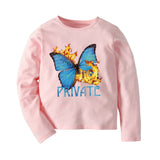 Spring and Autumn New Girls Pure Cotton Long Sleeve T-Shirt Fire Butterfly Pink Top