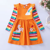 Unicorn Flowers Appliqu¡§| Rainbow Long Sleeve Dress