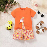 Summer Short Sleeve Giraffe Print Girls' Short-Sleeved Suit