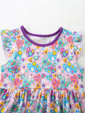 Children's Dress with Flutter Sleeves, Cartoon Floral Print, and Pockets