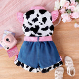 Cow Print Stitching Plaid Top + Denim Shorts Suit
