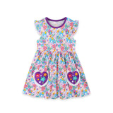 Children's Dress with Flutter Sleeves, Cartoon Floral Print, and Pockets
