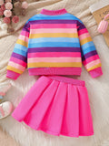 Colorful striped print stand collar long sleeve jacket + pleated skirt casual suit