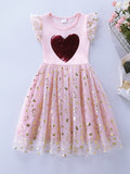 Girls Sleeveless Love Sequin Embroidered Mesh Patchwork Cotton Dress