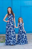 Sleeveless Blue and White Porcelain Printed Long High Waist Mother-Child Dress