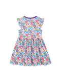 Children's Dress with Flutter Sleeves, Cartoon Floral Print, and Pockets