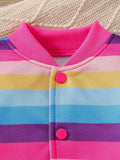 Colorful striped print stand collar long sleeve jacket + pleated skirt casual suit