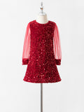Children's mesh stitching long-sleeved sequined dress princess dress