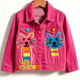 Lucky Sale-Children's colorful line-art cartoon jacket featuring a cat with frizzy fur.