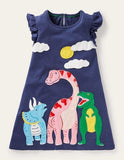 Baby Girl Dinosaur Appliqu¡§| Flutter-sleeve Dress - CCMOM