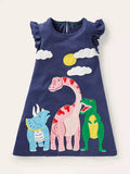 Baby Girl Dinosaur Appliqu¡§| Flutter-sleeve Dress - CCMOM
