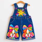 Lucky Sale-Children's colorful shooting star and bow-adorned puppy print overalls