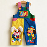 Lucky Sale-Children's colorful overalls featuring a dog wearing a backpack and the word "LOVE"