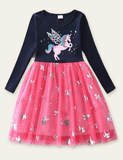 Cartoon Unicorn Printed Mesh Long Sleeve Dress - CCMOM
