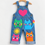 Lucky Sale-Colorful Cartoon Cat-Print Overalls for Kids (Sun & Heart Theme)