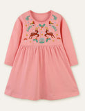 Deer Bird Embroidered Long Sleeve Dress - CCMOM