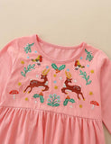 Deer Bird Embroidered Long Sleeve Dress - CCMOM
